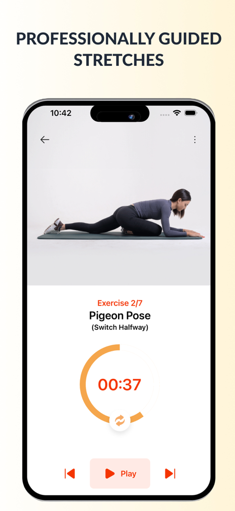 Stretch Reminder AI & Pilates - A woman performing a Pigeon Pose stretch with a timer in the Stretch Reminder AI and Pilates app