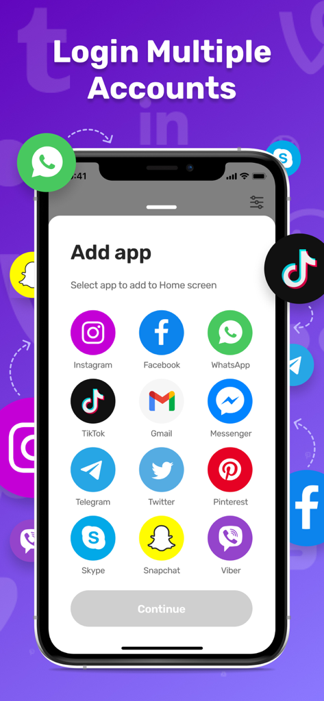 Parallel Space - Dual Account - Oberfläche der Parallel Space App, die eine Liste unterstützter Social-Media-Symbole für die Dual-Konto-Anmeldung anzeigt