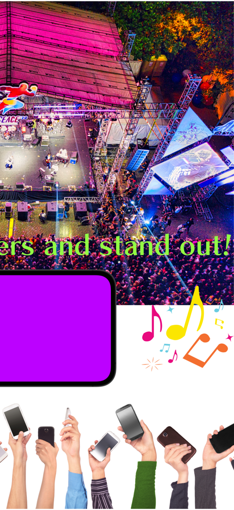 Uma multidão em um show com mãos segurando smartphones usando o aplicativo Color Screen Pro para se destacar.