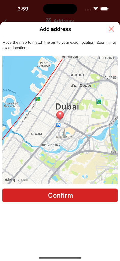 Bosnian House - A map interface in the Bosnian House app for selecting a delivery address with a location pin.