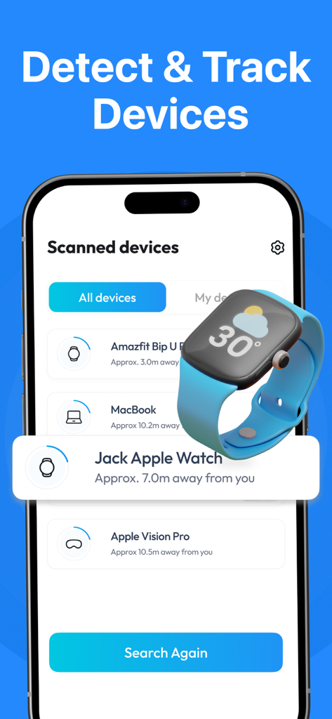 Wonderfind - Bluetooth Finder - Screenshot of the Wonderfind app interface showing a list of nearby Bluetooth devices including a MacBook and Apple Watch with distance indicators.