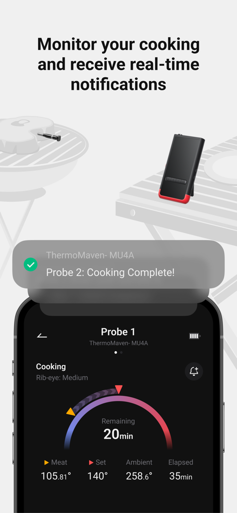 Smartphone affichant l'application ThermoMaven avec surveillance de cuisson en temps réel et une notification de fin de cuisson.