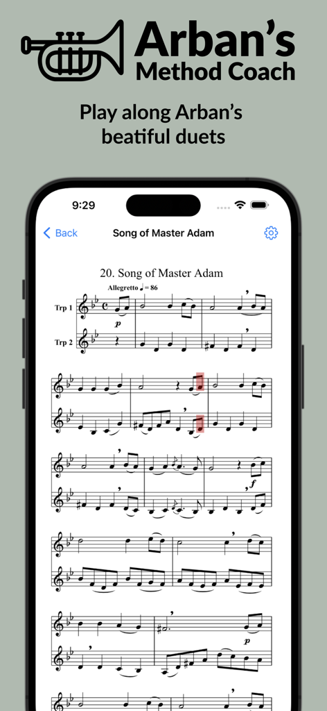 Arban's - Digital sheet music for a trumpet duet on the Arban's Method Coach mobile app interface