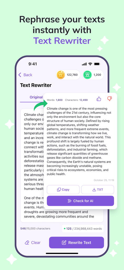 TextGuard AI mobile app interface showing the text rewriter feature rephrasing a paragraph about climate change