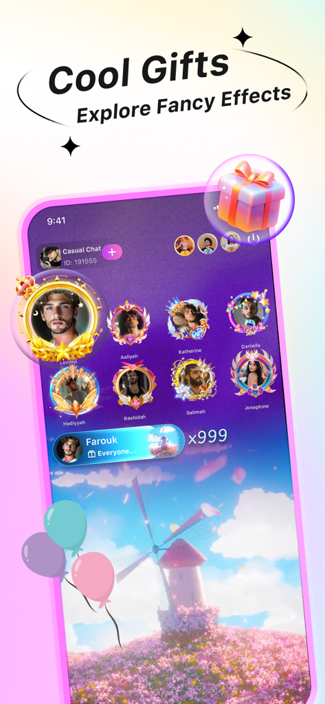 Piko: Voice Chat & Party - User interface of Piko app showing voice chat room with decorative profile frames and virtual gift effects
