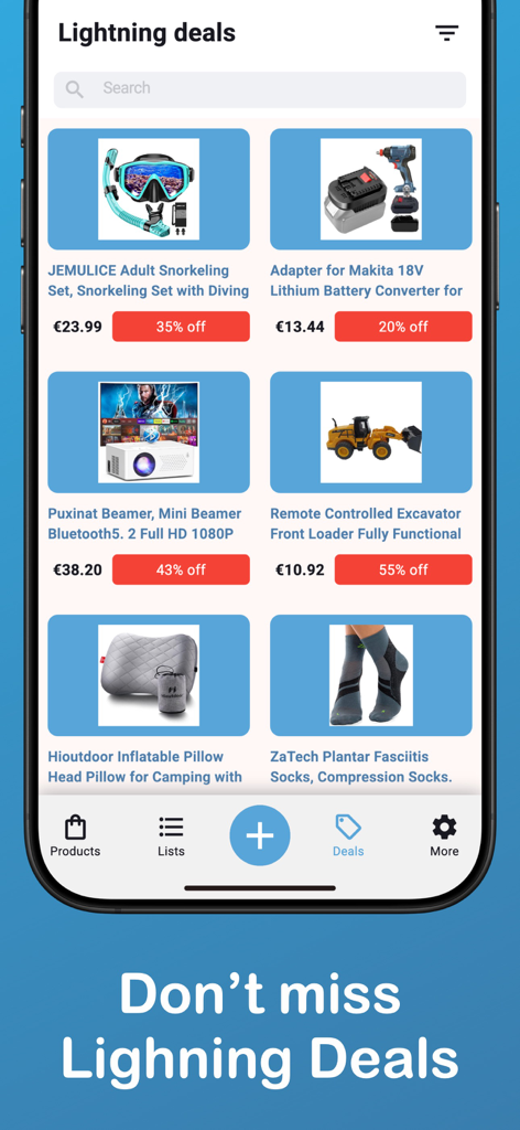 PriceNotify: Price Tracker - Interface of the PriceNotify app showing a list of current Amazon Lightning Deals with percentage discounts