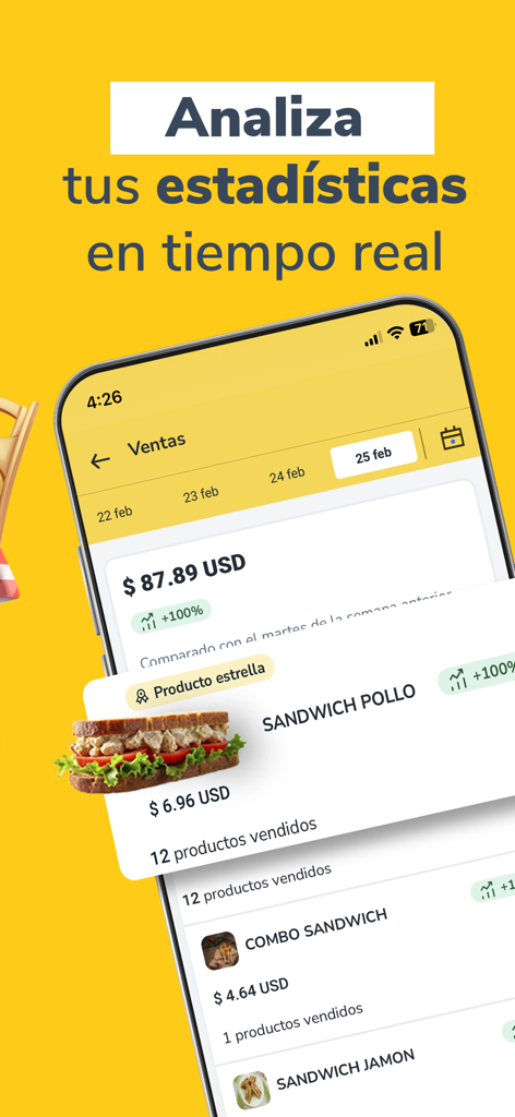 Estadísticas de ventas en tiempo real y pantalla de los productos más vendidos en la app móvil Treinta.