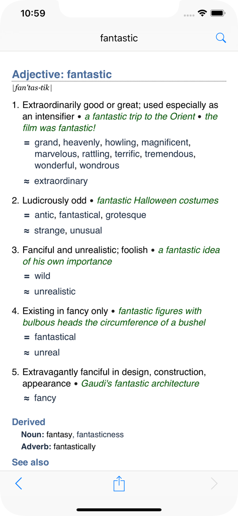 Screenshot of the WordWeb Minimal app showing the definition and synonyms for the word fantastic