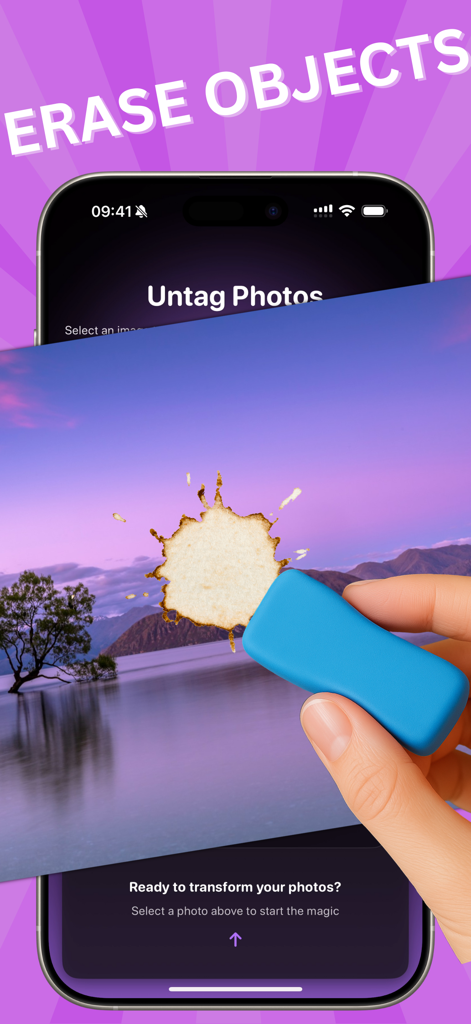 Object Remover - Untag AI - Hand using an eraser tool to remove a stain from a landscape photo in Untag AI app