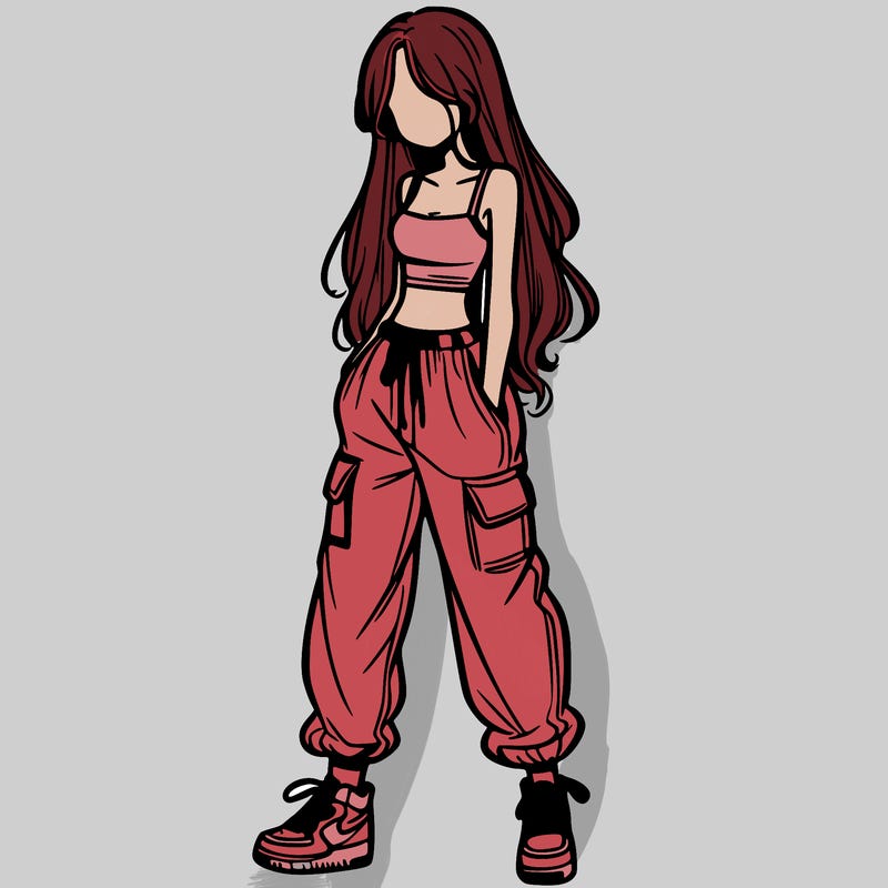 girl in baggy pants crop top and long hair