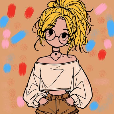 girl with a messy ponytail glasses a baggy crop top and jean shorts