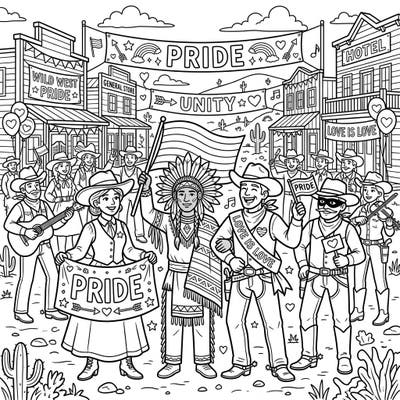 Join an unforgettable celebration with this vibrant Wild West Pride coloring page, featuring cowboys, pioneers, and Native Americans marching together in unity. Discover a lively street scene filled with flags, banners, and heartwarming symbols of love and diversity, ready for your creative touch.