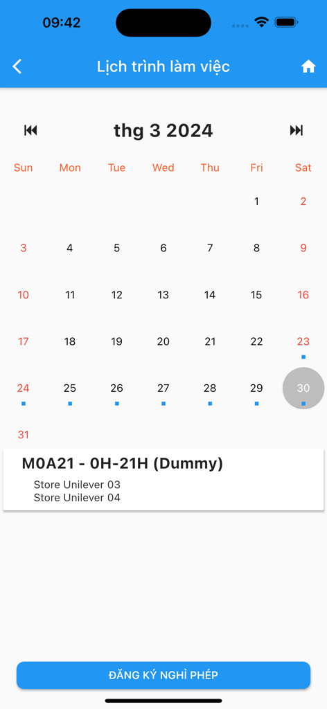 ESS Mobile App Arbeitsplanansicht mit einem Monatskalender und Details zu Filialbesuchen
