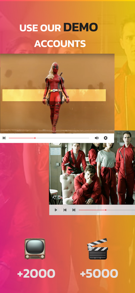 Schermata degli account demo dell'app IPTV Smarters con film e canali TV in diretta