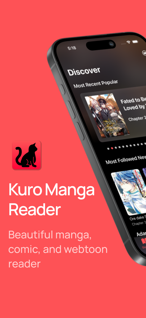 The Kuro Manga Reader app Discover screen on an iPhone showing various manga and manhwa titles.