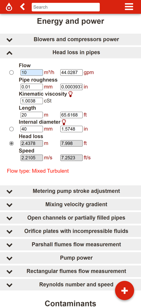 Interface de l'application Plutocalc+ Water montrant la section Énergie et Puissance avec un calculateur de perte de charge dans les conduites utilisant les unités métriques et impériales.