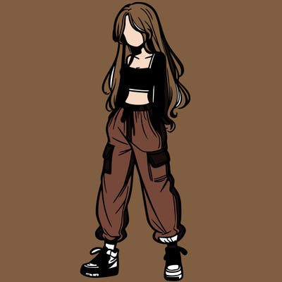 girl in baggy pants crop top and long hair