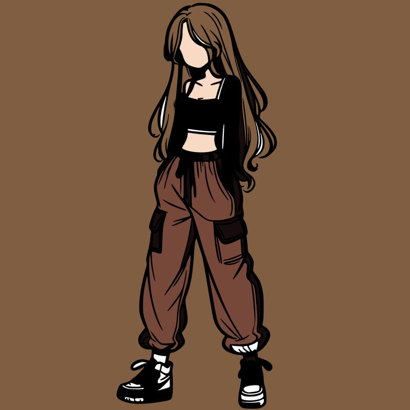 girl in baggy pants crop top and long hair