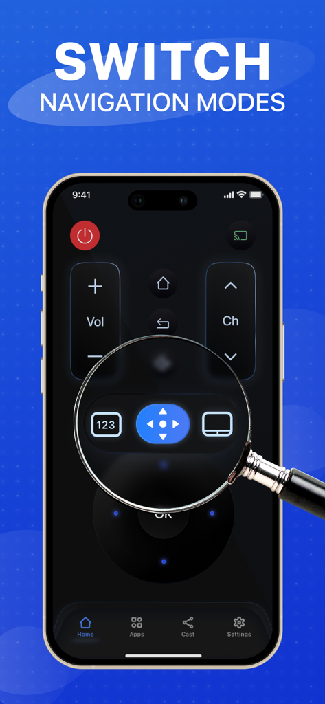 An iPhone displaying the smart TV remote app interface with a magnifying glass highlighting the toggle for different navigation modes like touchpad and directional arrows.
