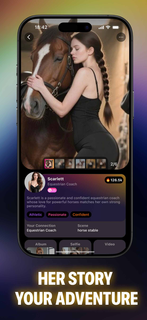 Roleplay Chat AI, Fantasy: Cha - A character profile for Scarlett an equestrian coach in a roleplay chat app