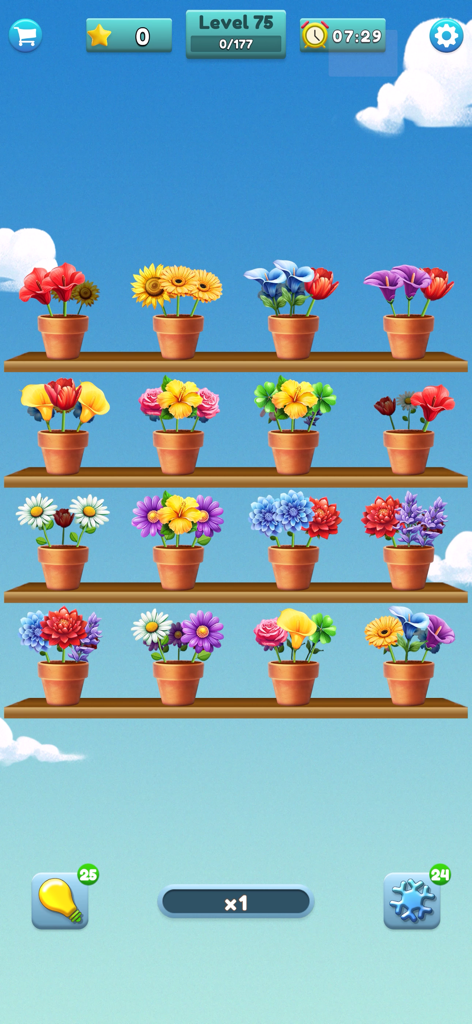 Flower Matching Game - Un nivel de rompecabezas en Flower Matching Game con coloridas flores en macetas en estantes de madera.