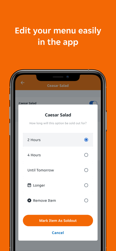Interface of the Skip Partner app showing how to mark a menu item as sold out