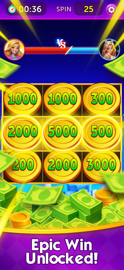 Cash Carnival - Win Real Money - 황금 동전과 날아가는 현금 그리드를 보여주는 캐시 카니발의 게임 플레이 스크린샷으로 'Epic Win Unlocked' 메시지가 표시됨