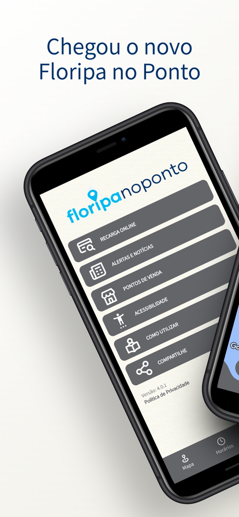 Tela inicial do aplicativo móvel Floripa no Ponto 2.0 para transporte público em Florianópolis mostrando o menu principal