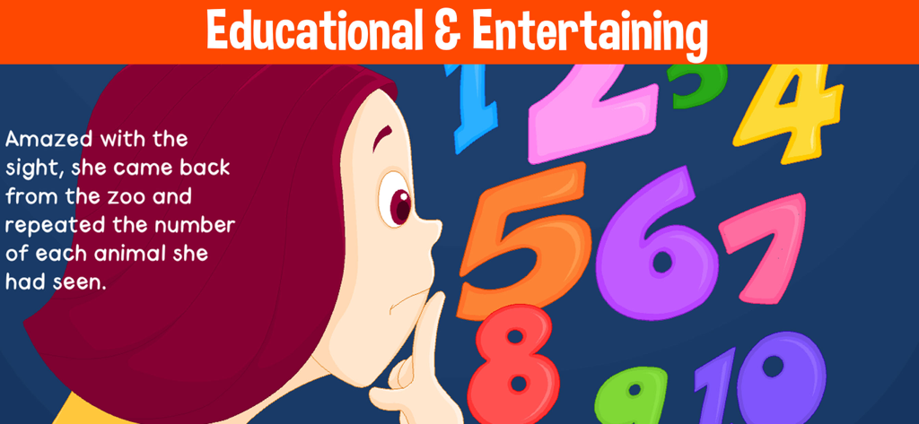 Ragazza animata che pensa accanto a numeri colorati da uno a dieci da un'app di storie educative per bambini.