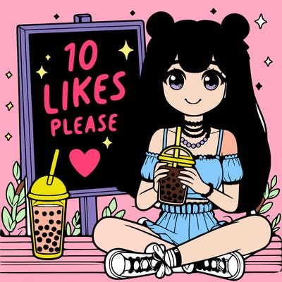 a girl with boba in her hands and is sitting next to a sine that says 10 likes please