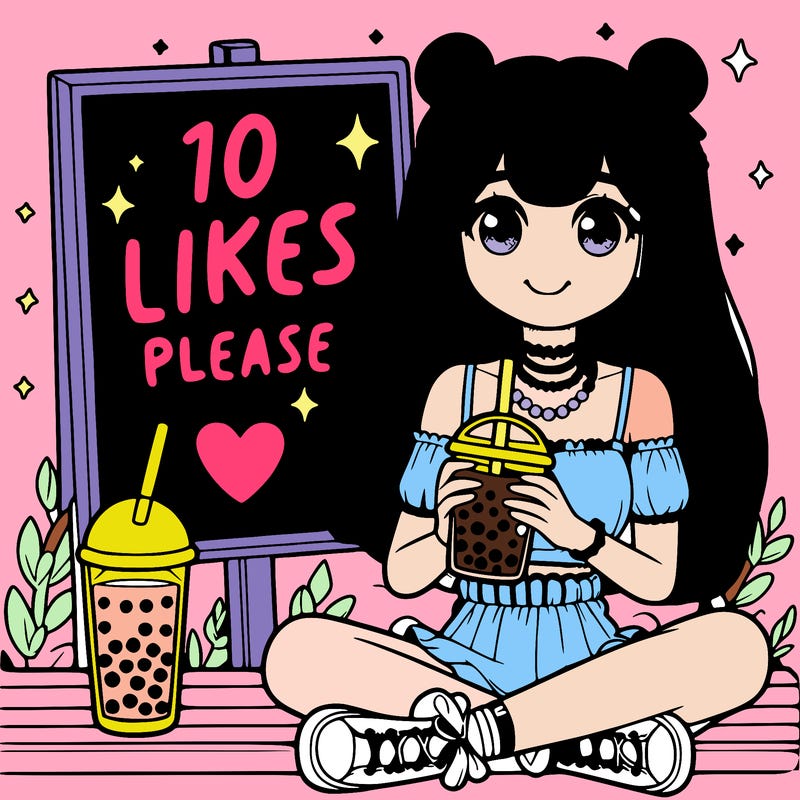 a girl with boba in her hands and is sitting next to a sine that says 10 likes please