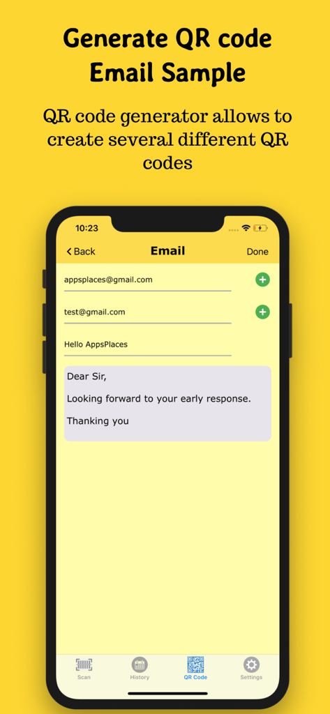 QR-Code Scan - App interface for generating an email QR code with subject and message fields