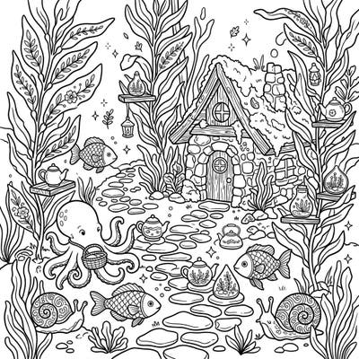 Explore a unique blend of marine wonder and rustic charm with this enchanting Kelp Forest Cottagecore coloring page. Immerse yourself in a serene underwater world featuring a cozy dwelling and friendly sea creatures.