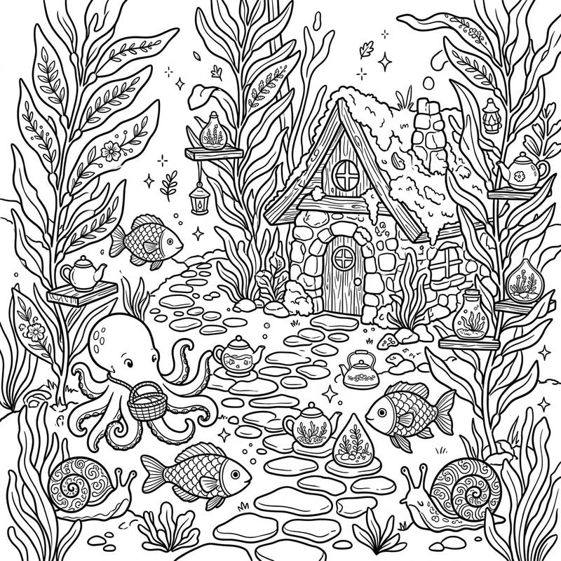 Explore a unique blend of marine wonder and rustic charm with this enchanting Kelp Forest Cottagecore coloring page. Immerse yourself in a serene underwater world featuring a cozy dwelling and friendly sea creatures.