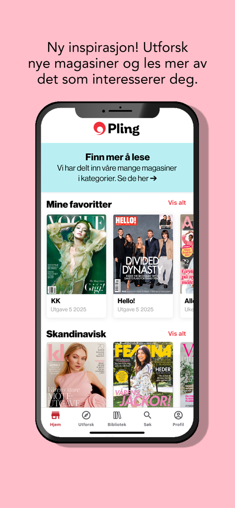 Pling No - Home screen of the Pling No app displaying various digital magazines and categories like favorites and Scandinavian titles.