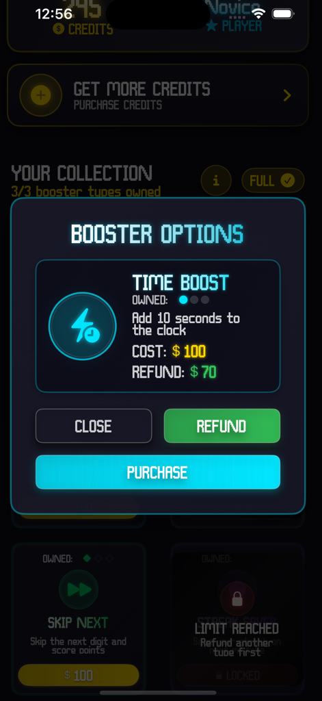 Pi: Math Memory Puzzle Game - Booster options menu in Pi Math Memory Puzzle Game showing a time boost power up