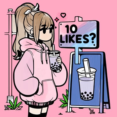 girl with oversized hoodie drinking boba and she has a high ponytail with a sign that says 10likes?