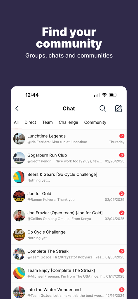 A mobile screenshot showing the GoJoe app chat interface with various fitness groups and community discussions