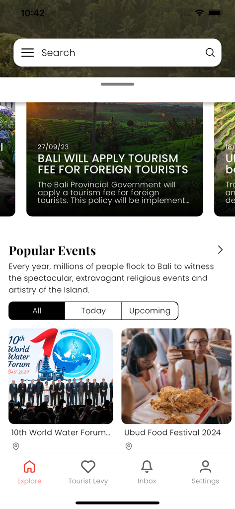 Explore screen of the Love Bali app displaying tourism fee updates and popular local events.