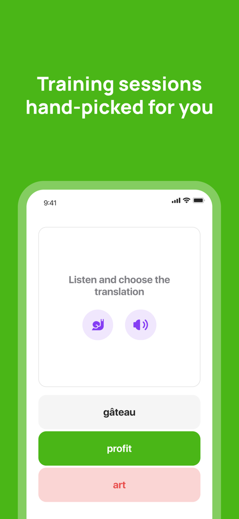 A French language listening and translation quiz screen from the 10 Minute French app.