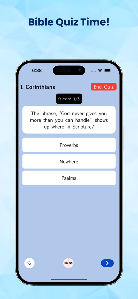 Zulu Bible - A mobile phone displaying a Bible quiz question from the Zulu Bible app.