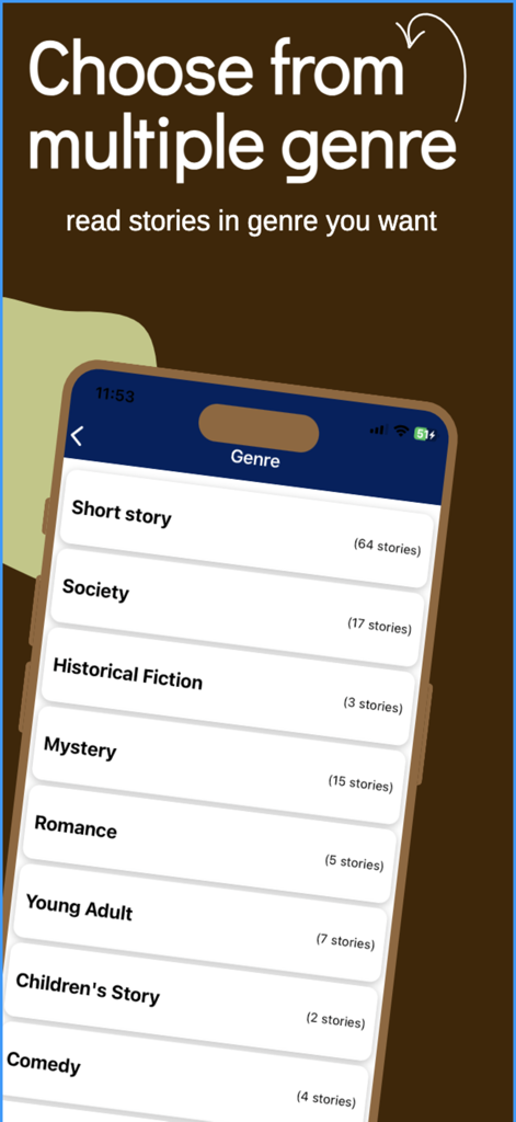 Kalam - stories app - Kalamストーリーアプリのジャンル選択画面。ミステリー、ロマンス、ショートストーリーなどのカテゴリが表示されています。