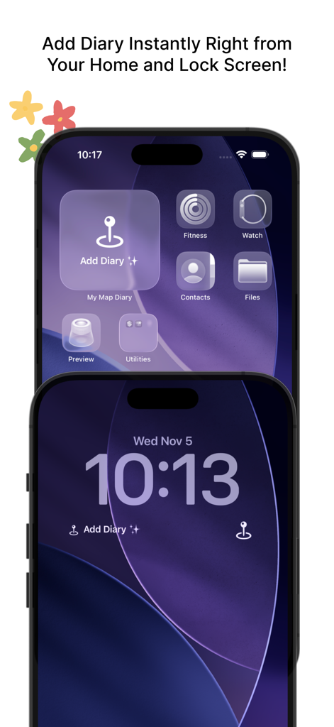 My Map Diary - IPhone home screen and lock screen displaying My Map Diary app widgets.