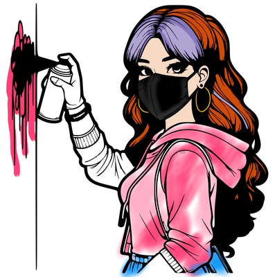 realistic girl with mask spray painting a wall