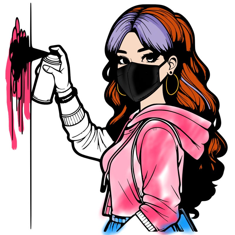 realistic girl with mask spray painting a wall
