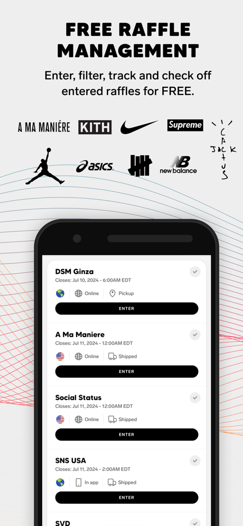 DROPS by SoleSavy - Sneakers - DROPS by SoleSavy app interface displaying sneaker raffle management with brand logos and release lists
