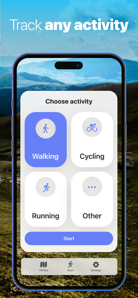 Run, Bike, Walk, Hike tracker - Tela de seleção de atividades do aplicativo Rastreador de Corrida Bicicleta Caminhada Trilha mostrando opções de caminhada, ciclismo e corrida