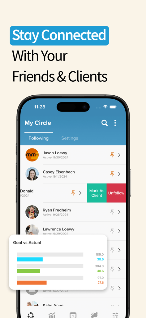 Interface of the My Macros Plus app showing the My Circle feature for social tracking and client management