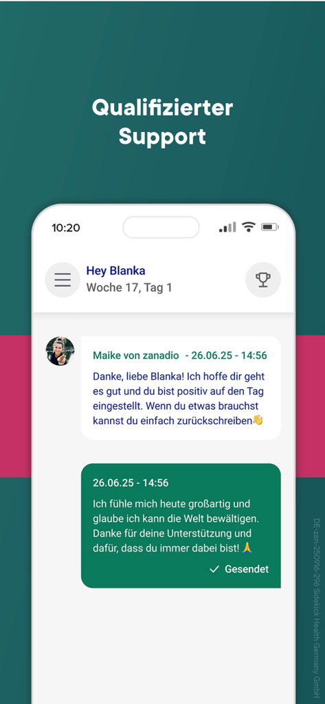 Ein Smartphone-Bildschirm, der die Chat-Oberfläche der zanadio-App mit einer Nachricht von einem Gesundheits-Coach zeigt, der persönliche Unterstützung bietet.