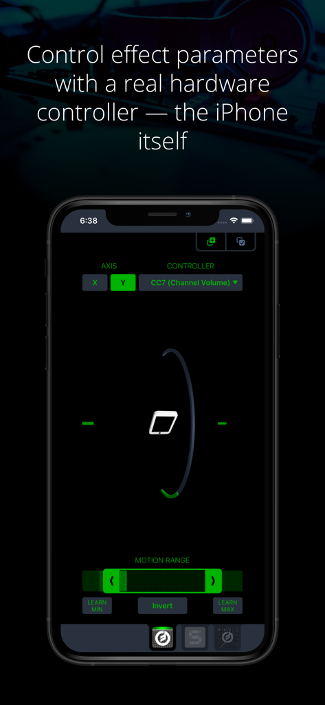 Interfaccia di Midiflow Motion su iPhone che mostra le impostazioni del controllo MIDI basato sul movimento